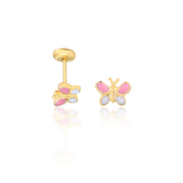 18K Gold Layered Oro Laminado Pink & White Enamel Butterfly Design Plugs Kids Earrings 21.0185/7